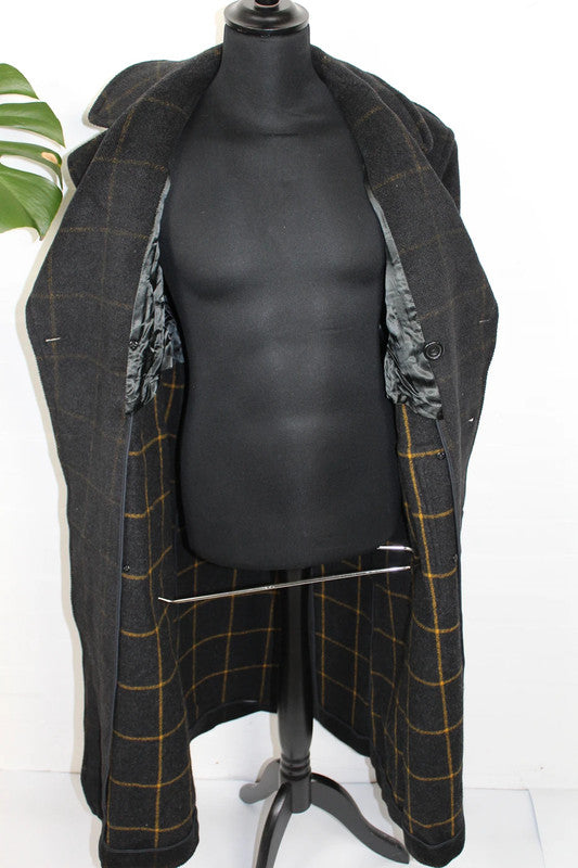Vintage Aquascutum Double-Breasted Chesterfield Tartan 100% Wool Overcoat Black Grey