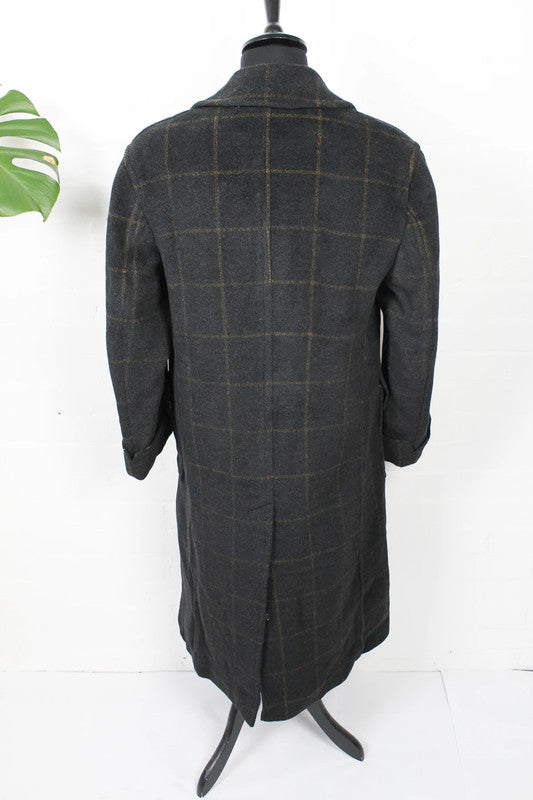Vintage Aquascutum Double-Breasted Chesterfield Tartan 100% Wool Overcoat Black Grey