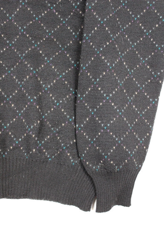 Vintage 80s 90s John Halifax Black &amp; Grey Argyle Pattern Crewneck Jumper Size