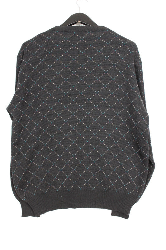 Vintage 80s 90s John Halifax Black &amp; Grey Argyle Pattern Crewneck Jumper Size