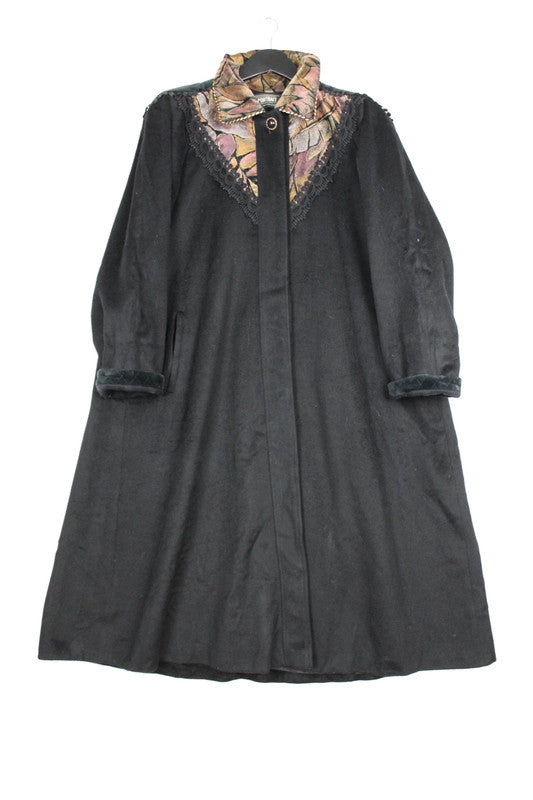 Vintage USA Black Wool Blend Long Coat Gown Embroidery Collar Velvet Cuffs -