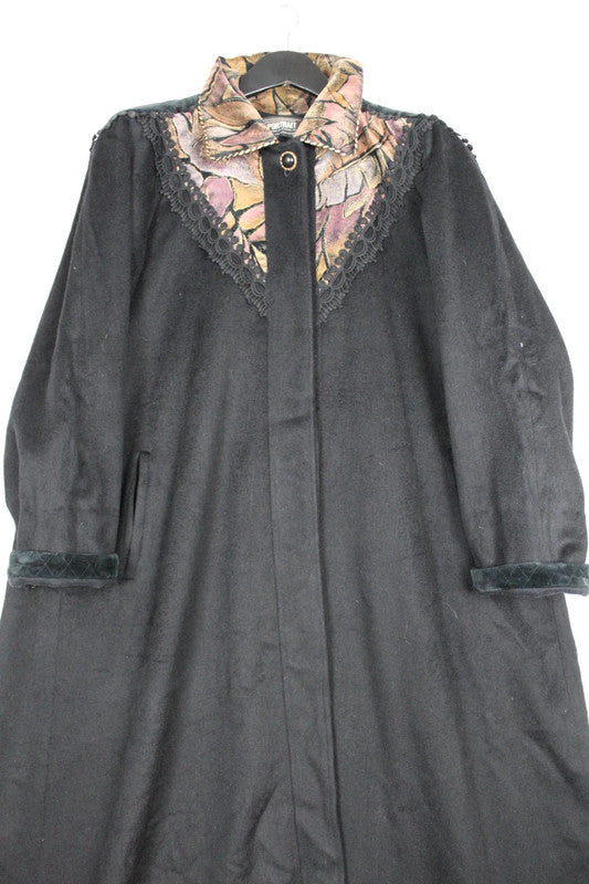 Vintage USA Black Wool Blend Long Coat Gown Embroidery Collar Velvet Cuffs -