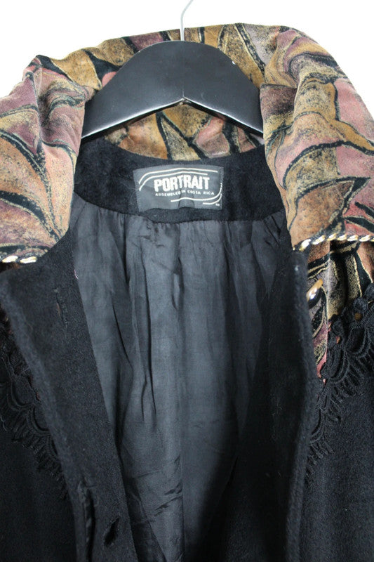 Vintage USA Black Wool Blend Long Coat Gown Embroidery Collar Velvet Cuffs -