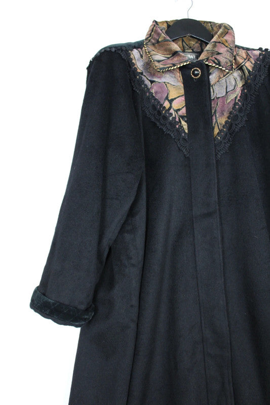 Vintage USA Black Wool Blend Long Coat Gown Embroidery Collar Velvet Cuffs -