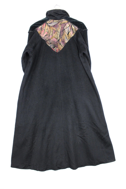 Vintage USA Black Wool Blend Long Coat Gown Embroidery Collar Velvet Cuffs -