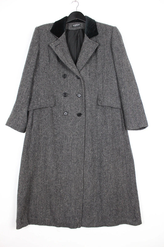 Vintage 80s 90s Karen Grey Herringbone Double Breasted Long Wool Coat Size UK12
