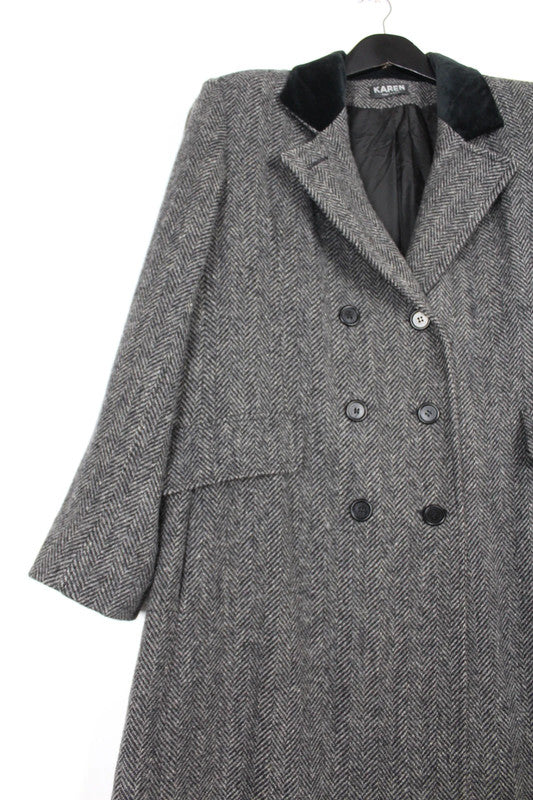 Vintage 80s 90s Karen Grey Herringbone Double Breasted Long Wool Coat Size UK12