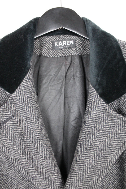 Vintage 80s 90s Karen Grey Herringbone Double Breasted Long Wool Coat Size UK12