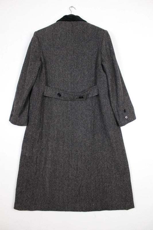 Vintage 80s 90s Karen Grey Herringbone Double Breasted Long Wool Coat Size UK12
