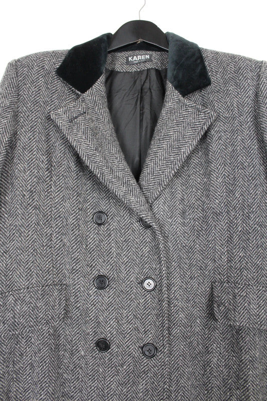 Vintage 80s 90s Karen Grey Herringbone Double Breasted Long Wool Coat Size UK12