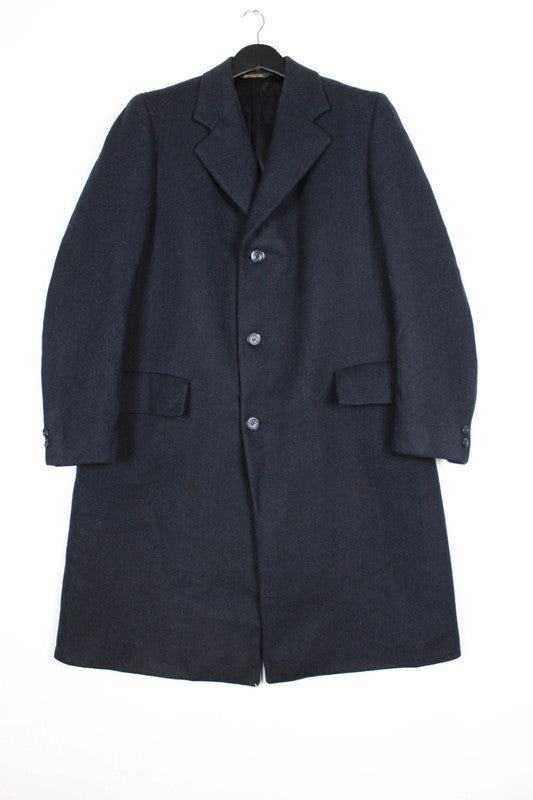 Vintage USA 80s 90s Mens Navy Herringbone Single Breasted Long Wool Chesterfield Size
