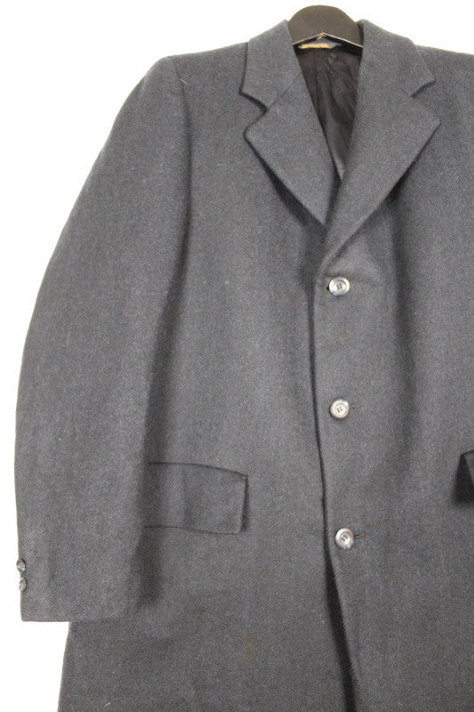 Vintage USA 80s 90s Mens Navy Herringbone Single Breasted Long Wool Chesterfield Size