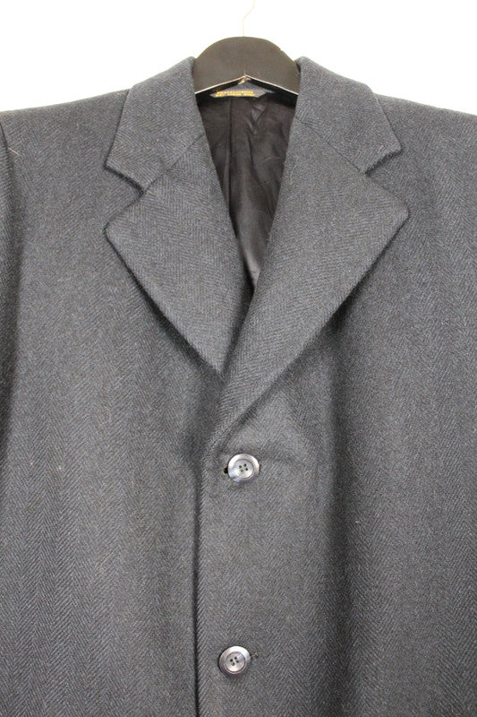 Vintage USA 80s 90s Mens Navy Herringbone Single Breasted Long Wool Chesterfield Size
