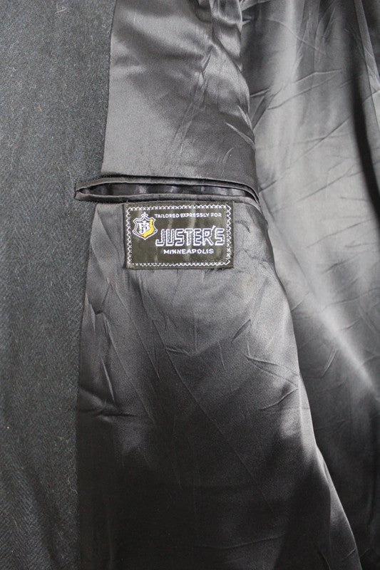 Vintage USA 80s 90s Mens Navy Herringbone Single Breasted Long Wool Chesterfield Size
