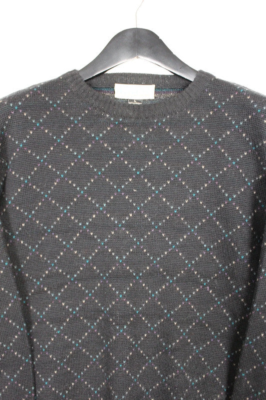 Vintage 80s 90s John Halifax Black &amp; Grey Argyle Pattern Crewneck Jumper Size