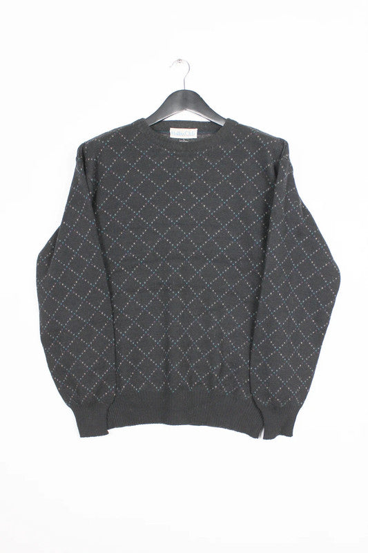 Vintage 80s 90s John Halifax Black &amp; Grey Argyle Pattern Crewneck Jumper Size