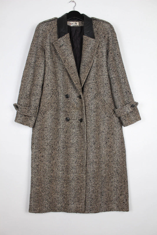 Vintage 80s 90s Grey &amp; Black Herringbone Tweed Double Breasted Wool Coat Size