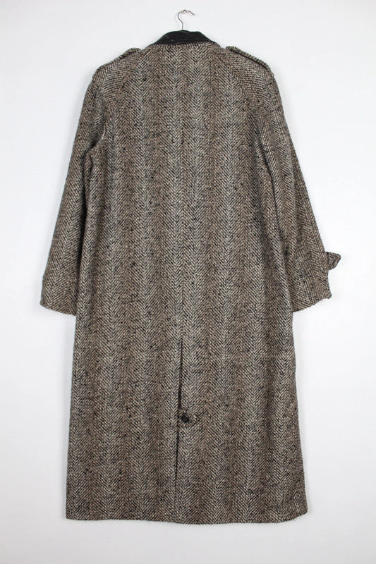 Vintage 80s 90s Grey &amp; Black Herringbone Tweed Double Breasted Wool Coat Size