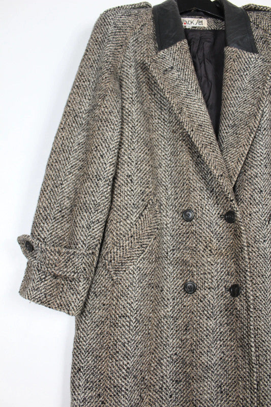 Vintage 80s 90s Grey &amp; Black Herringbone Tweed Double Breasted Wool Coat Size