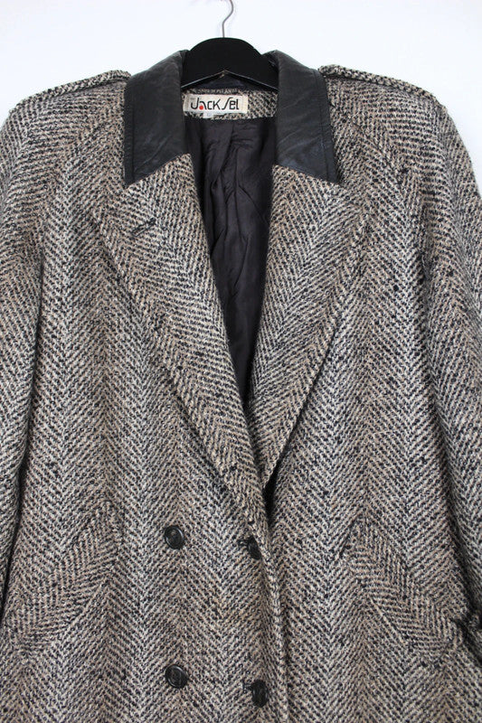 Vintage 80s 90s Grey &amp; Black Herringbone Tweed Double Breasted Wool Coat Size