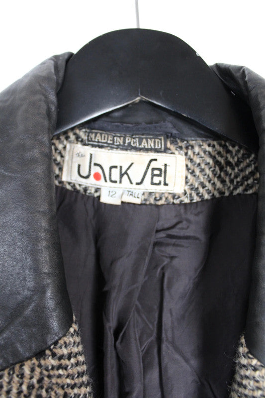 Vintage 80s 90s Grey &amp; Black Herringbone Tweed Double Breasted Wool Coat Size