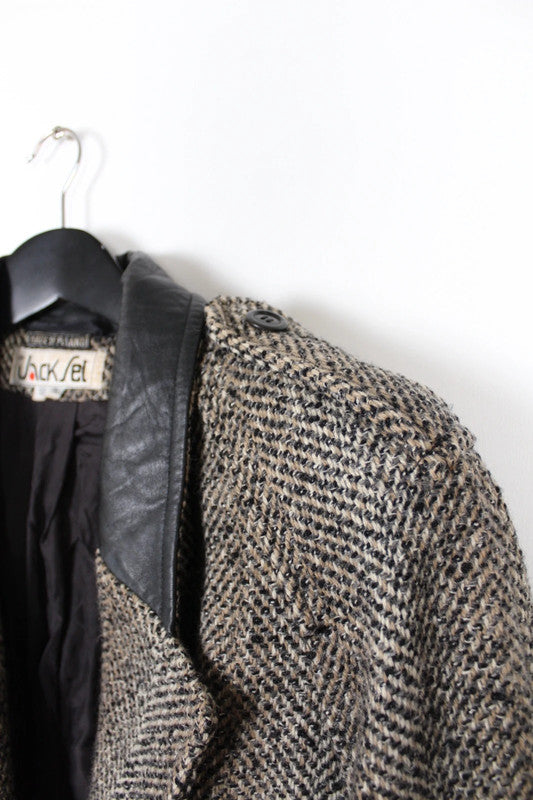 Vintage 80s 90s Grey &amp; Black Herringbone Tweed Double Breasted Wool Coat Size