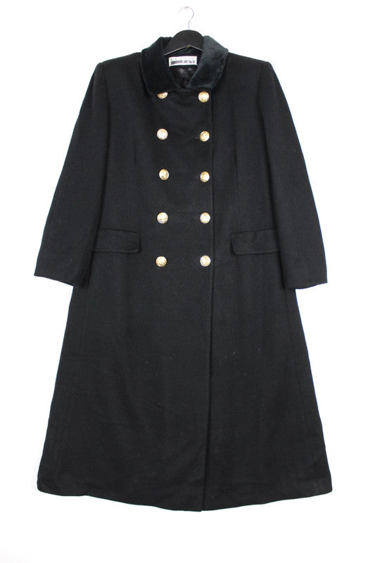 Vintage 80s 90s US Military Style Black Double Breasted Wool Coat Velvet Collar Size