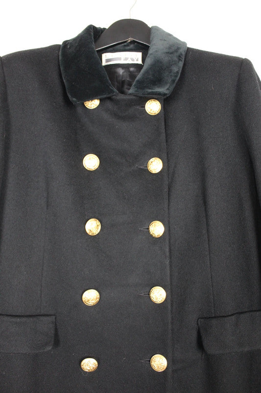 Vintage 80s 90s US Military Style Black Double Breasted Wool Coat Velvet Collar Size