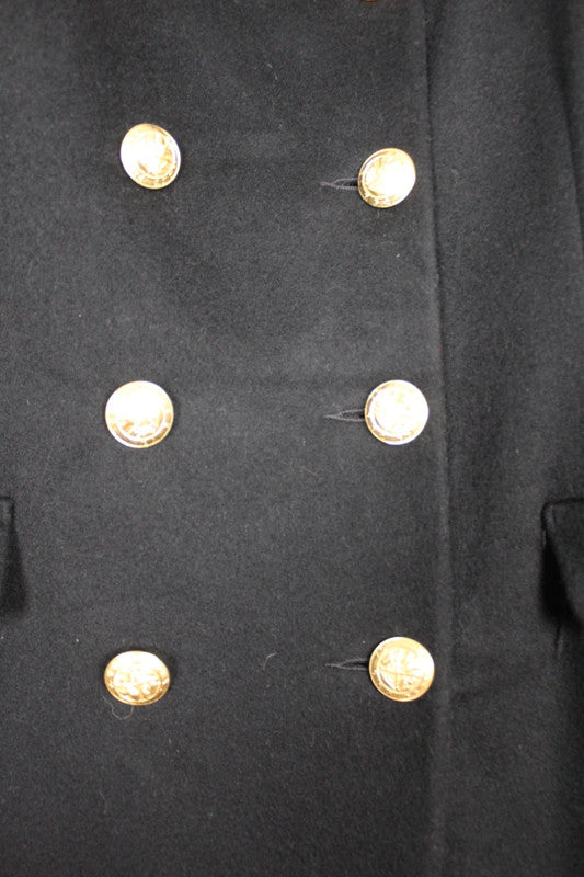 Vintage 80s 90s US Military Style Black Double Breasted Wool Coat Velvet Collar Size