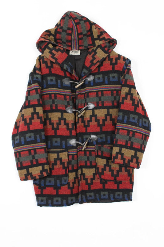 Vintage 80s 90s Missoni Sport Navajo Aztec Geometric Hooded Duffel Coat Medium