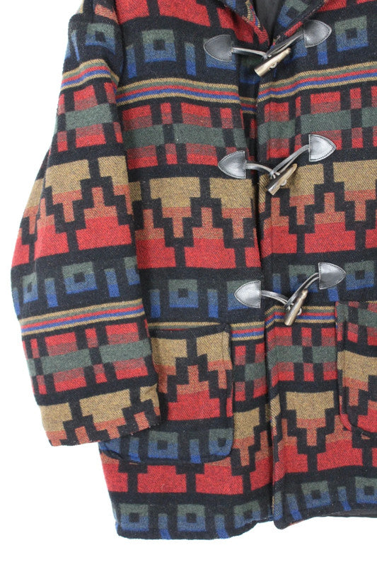 Vintage 80s 90s Missoni Sport Navajo Aztec Geometric Hooded Duffel Coat Medium