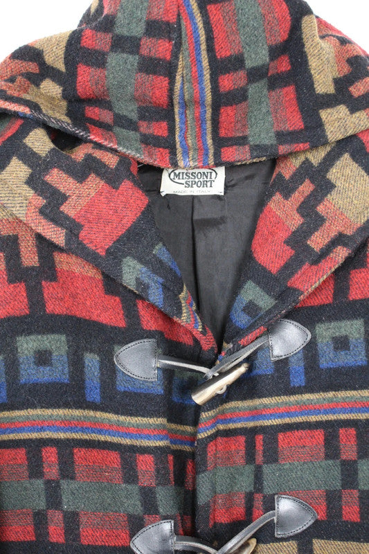 Vintage 80s 90s Missoni Sport Navajo Aztec Geometric Hooded Duffel Coat Medium