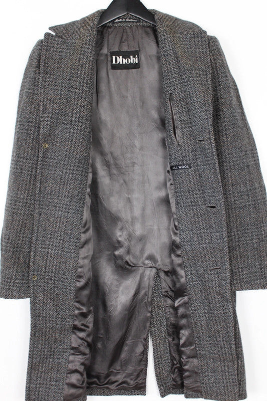 Vintage 70s 80s Dhobi Single Breasted Long Wool Tweed Coat Men's Medium