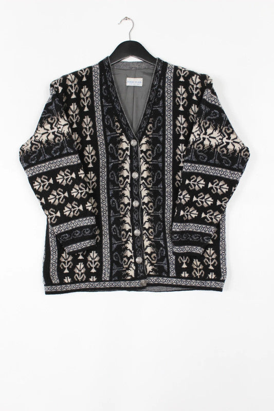 Vintage 80s 90s Nordic Floral Wool V-Neck Cardigan Black Grey Medium