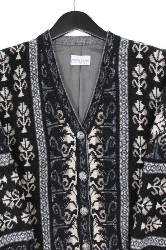 Vintage 80s 90s Nordic Floral Wool V-Neck Cardigan Black Grey Medium