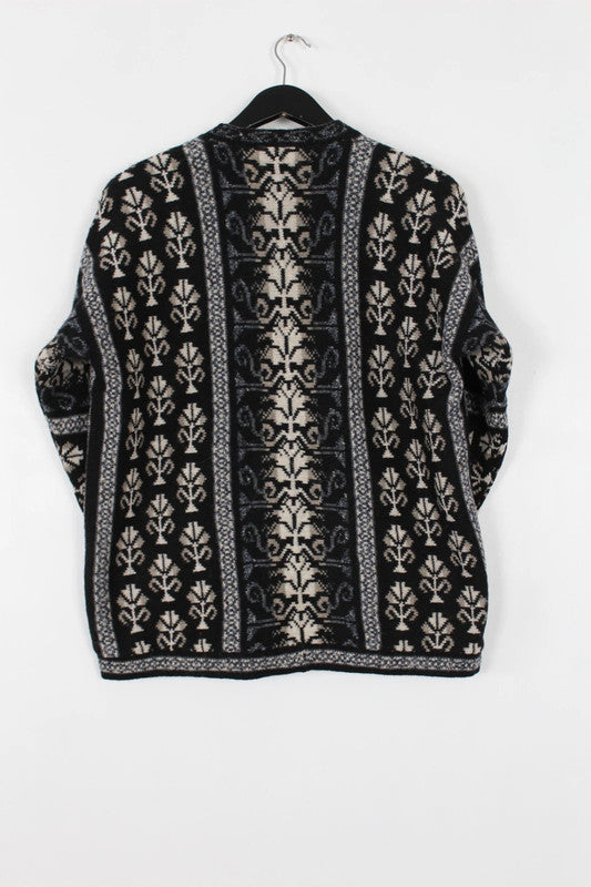 Vintage 80s 90s Nordic Floral Wool V-Neck Cardigan Black Grey Medium