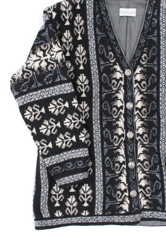 Vintage 80s 90s Nordic Floral Wool V-Neck Cardigan Black Grey Medium