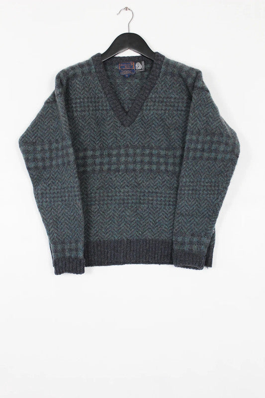 Vintage 90s Grey Green Geometric Pattern V-Neck Jumper Small