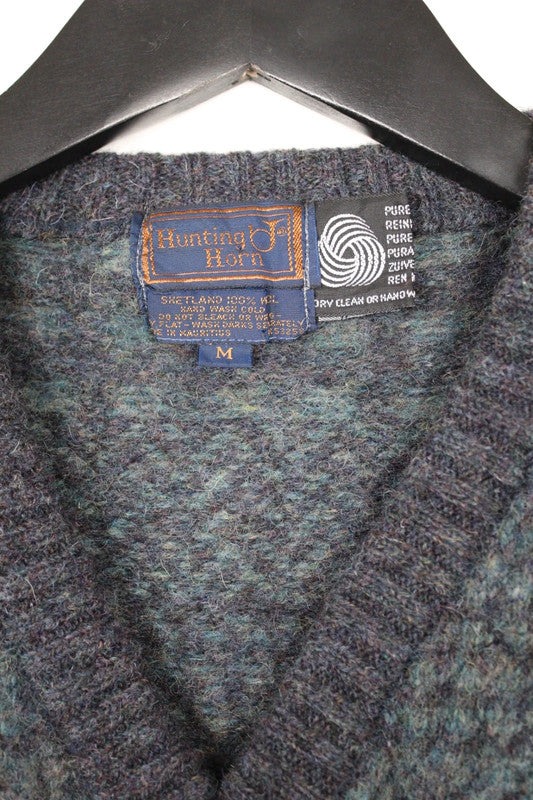 Vintage 90s Grey Green Geometric Pattern V-Neck Jumper Small