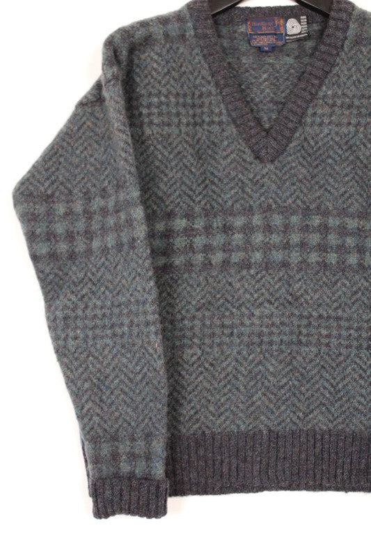 Vintage 90s Grey Green Geometric Pattern V-Neck Jumper Small