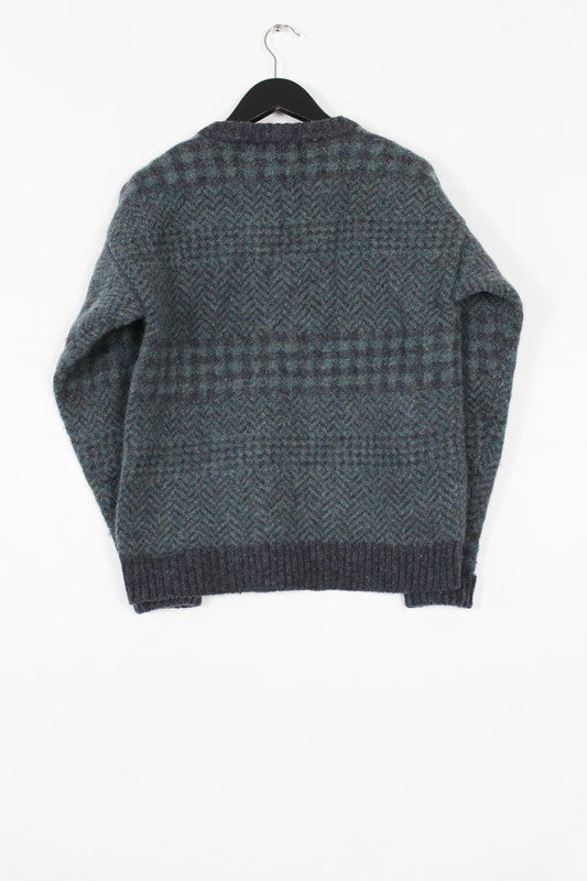 Vintage 90s Grey Green Geometric Pattern V-Neck Jumper Small