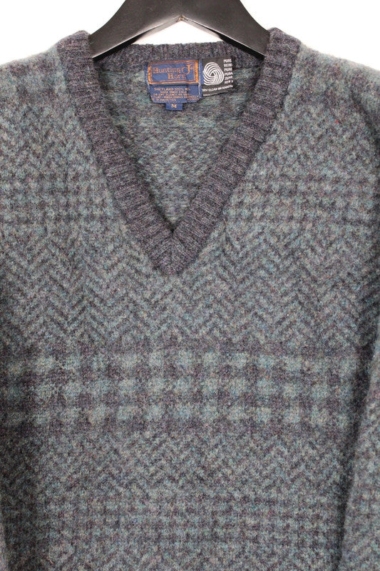 Vintage 90s Grey Green Geometric Pattern V-Neck Jumper Small