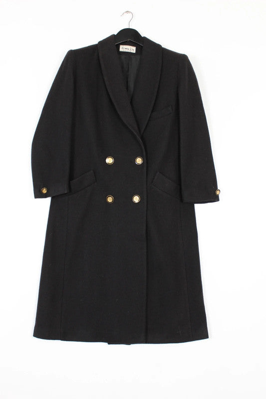 Vintage 80s 90s Herman Kay Black Double Breasted Long Wool Coat Gold Buttons