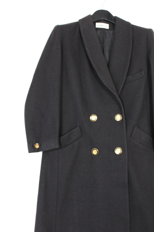 Vintage 80s 90s Herman Kay Black Double Breasted Long Wool Coat Gold Buttons