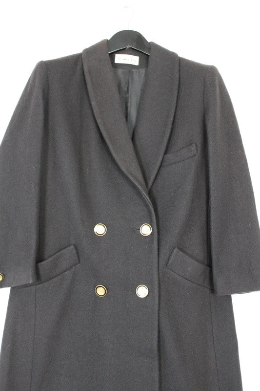 Vintage 80s 90s Herman Kay Black Double Breasted Long Wool Coat Gold Buttons