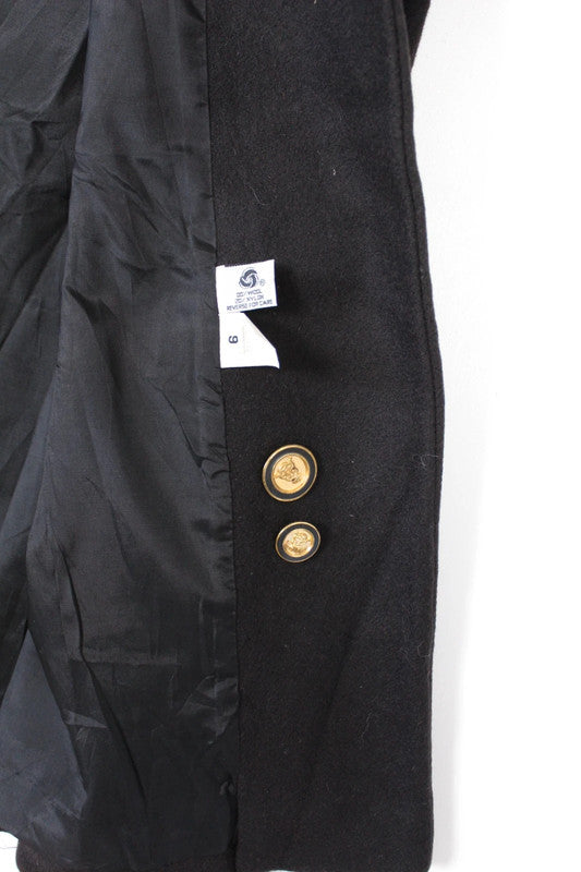 Vintage 80s 90s Herman Kay Black Double Breasted Long Wool Coat Gold Buttons