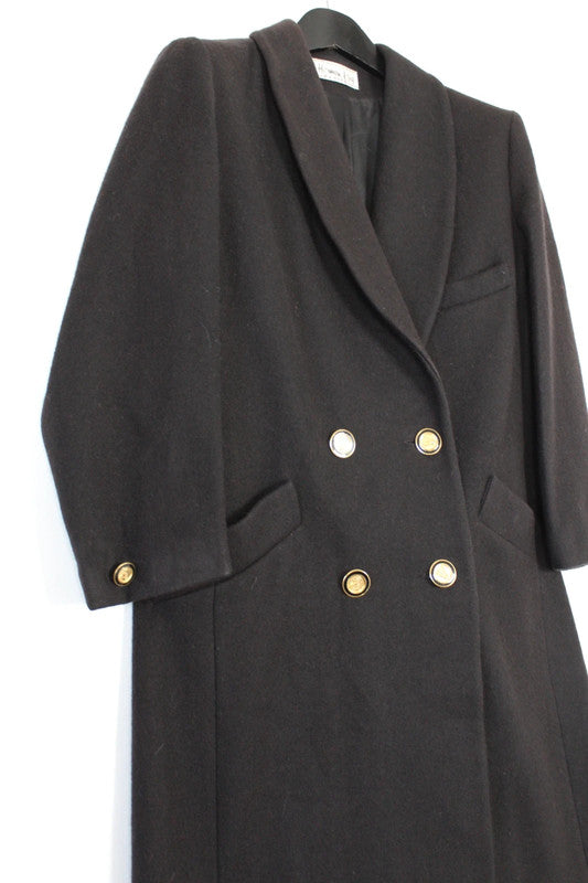 Vintage 80s 90s Herman Kay Black Double Breasted Long Wool Coat Gold Buttons