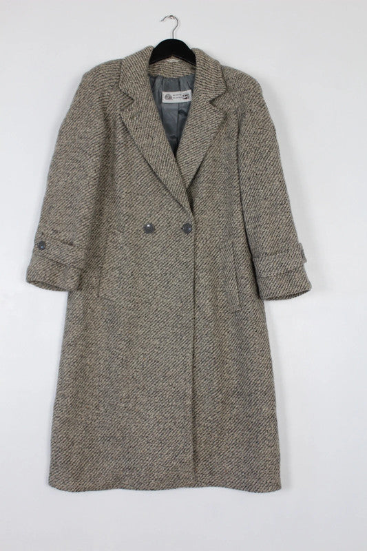 Vintage 80s 90s Saxton Hall Grey Wool Tweed Double Breasted Coat Small