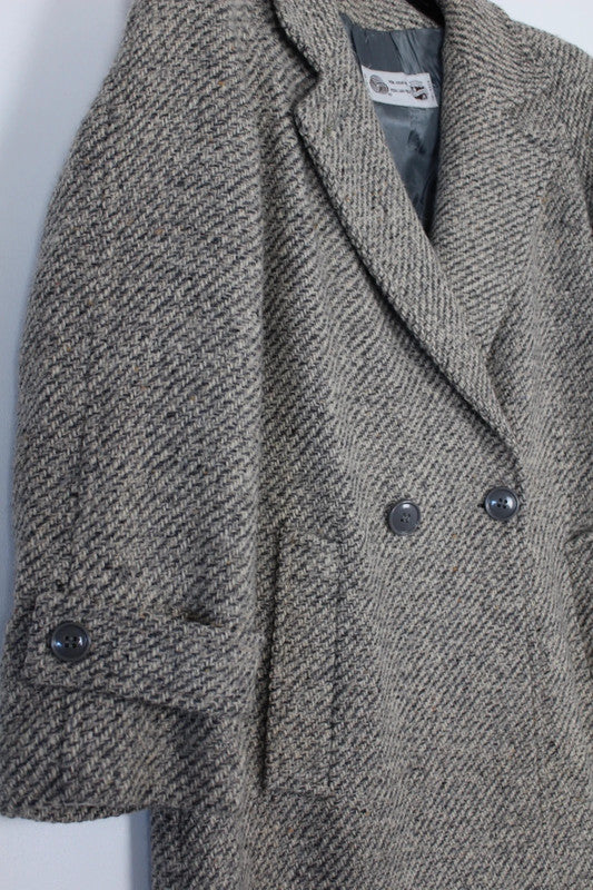 Vintage 80s 90s Saxton Hall Grey Wool Tweed Double Breasted Coat Small