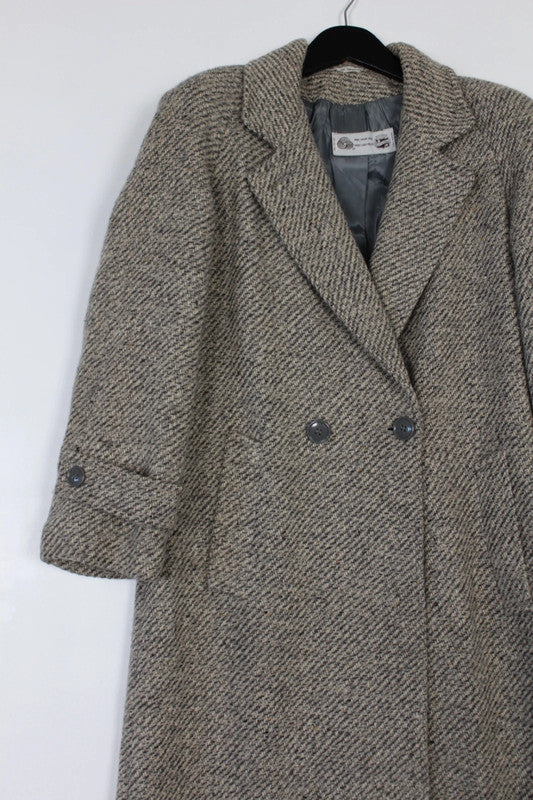 Vintage 80s 90s Saxton Hall Grey Wool Tweed Double Breasted Coat Small